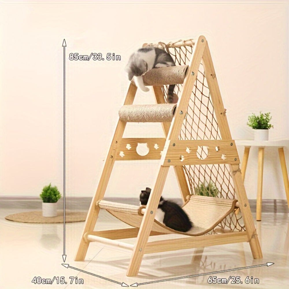 Arbre à chat multi-niveaux bois – Lit douillet & poteaux à gratter