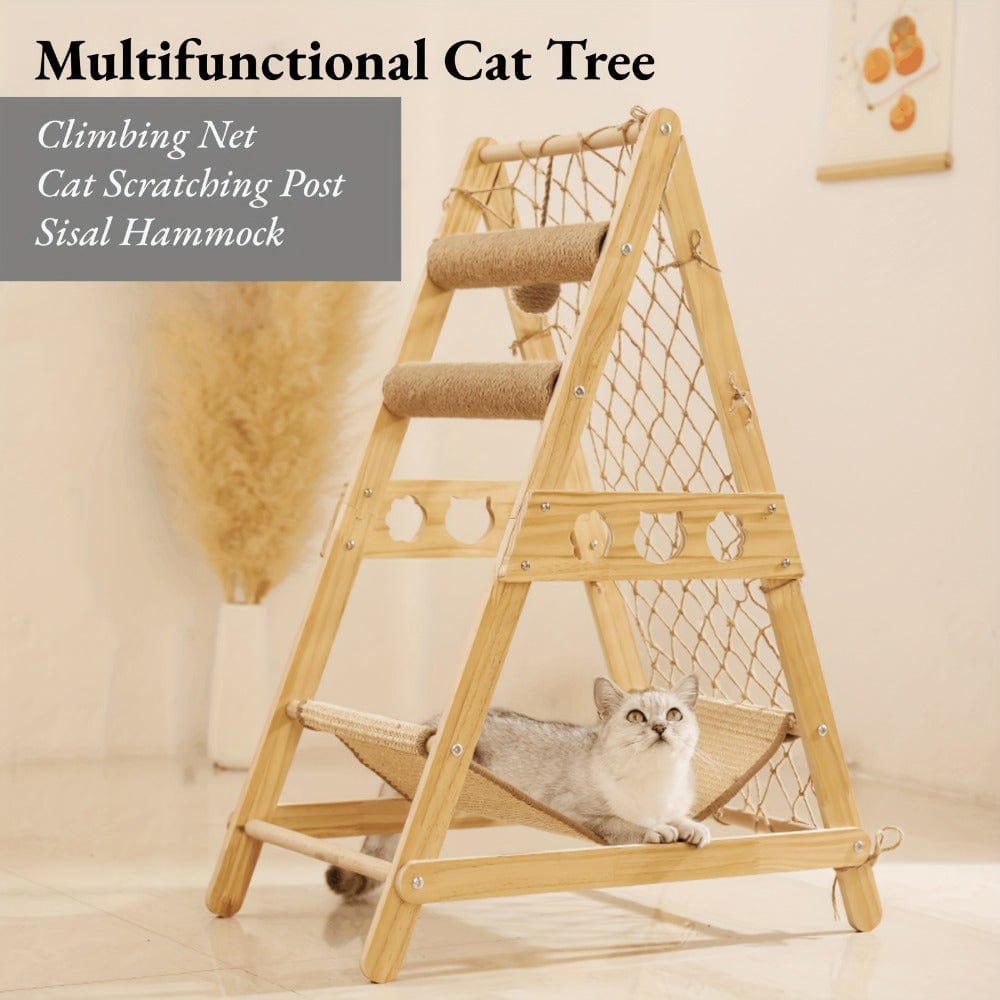 Arbre à chat multi-niveaux bois – Lit douillet & poteaux à gratter