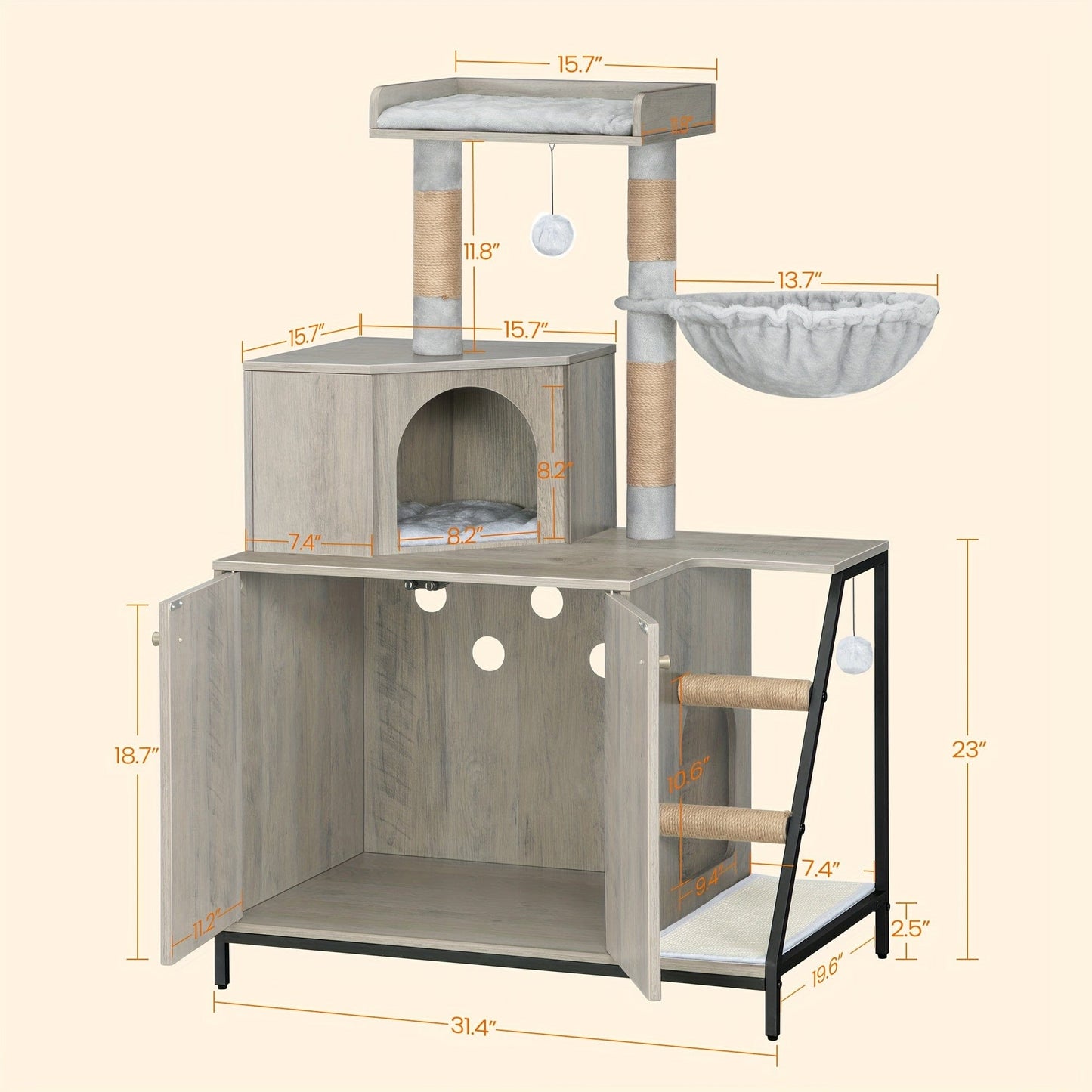 Meuble 4-en-1 chat – Cache-litière, arbre à chat & condo multi-niveaux