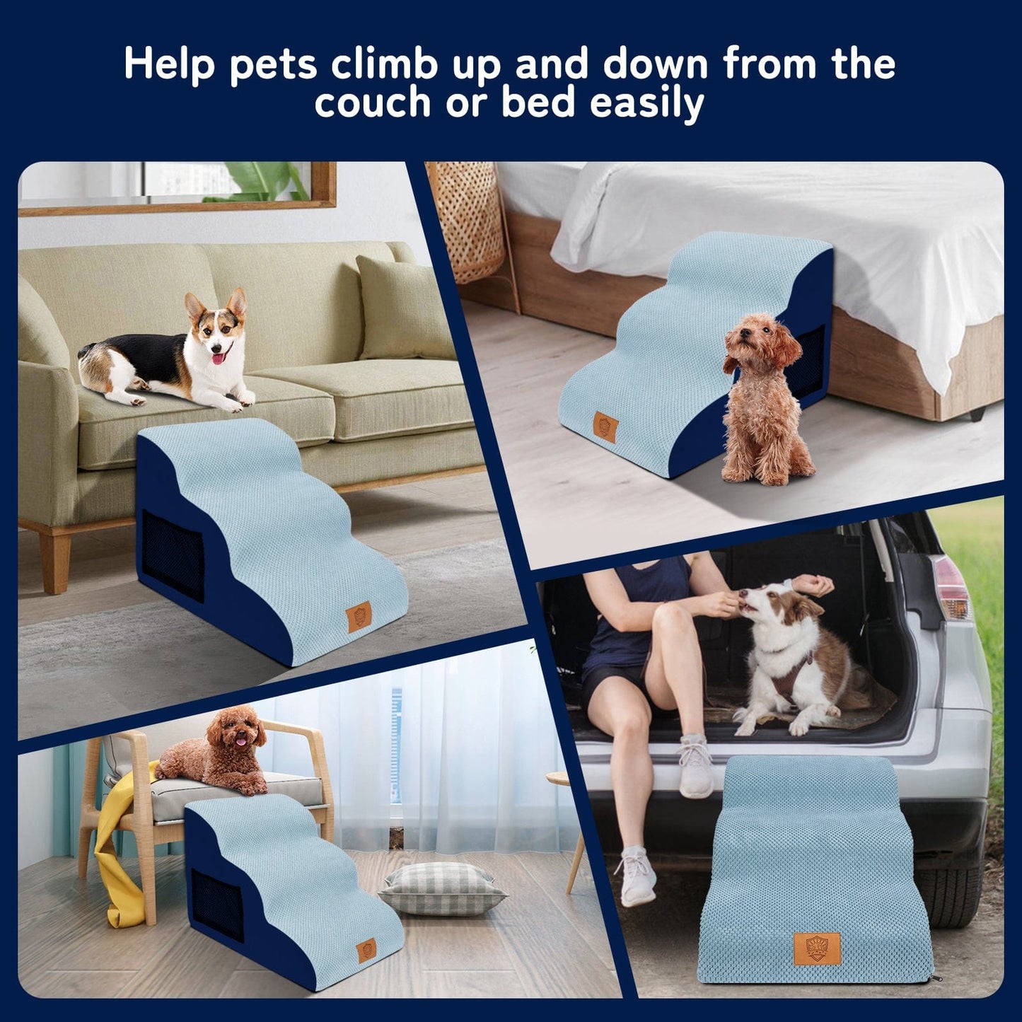Escaliers 3 marches pour chien – Housse lavable & antidérapante Bleu One PETS-TOP