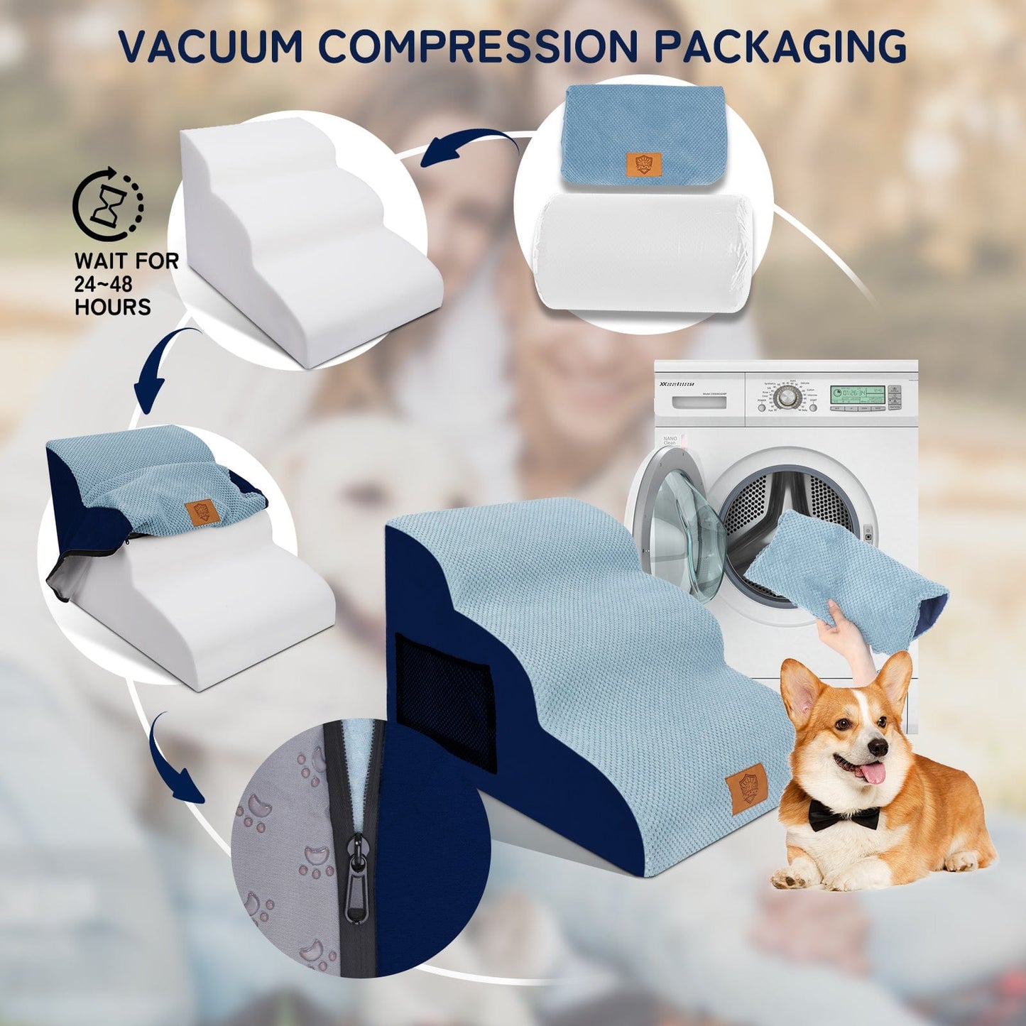 Escaliers 3 marches pour chien – Housse lavable & antidérapante Bleu One PETS-TOP