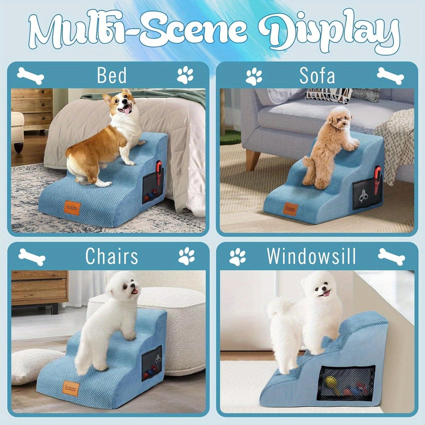 Escaliers 3 marches pour chien – Housse lavable & antidérapante Bleu One PETS-TOP