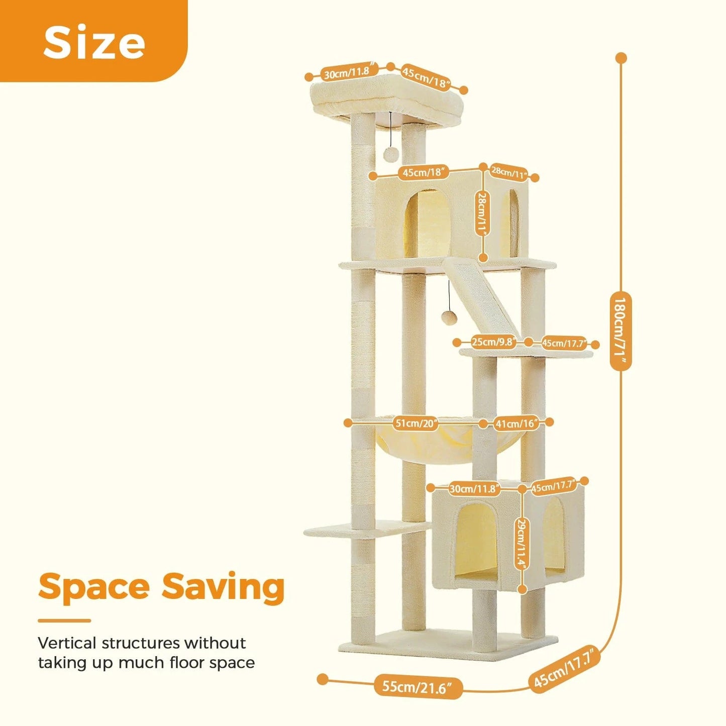 Grand arbre à chat 180cm – Tour avec hamac, griffoir sisal, jouets One PETS-TOP