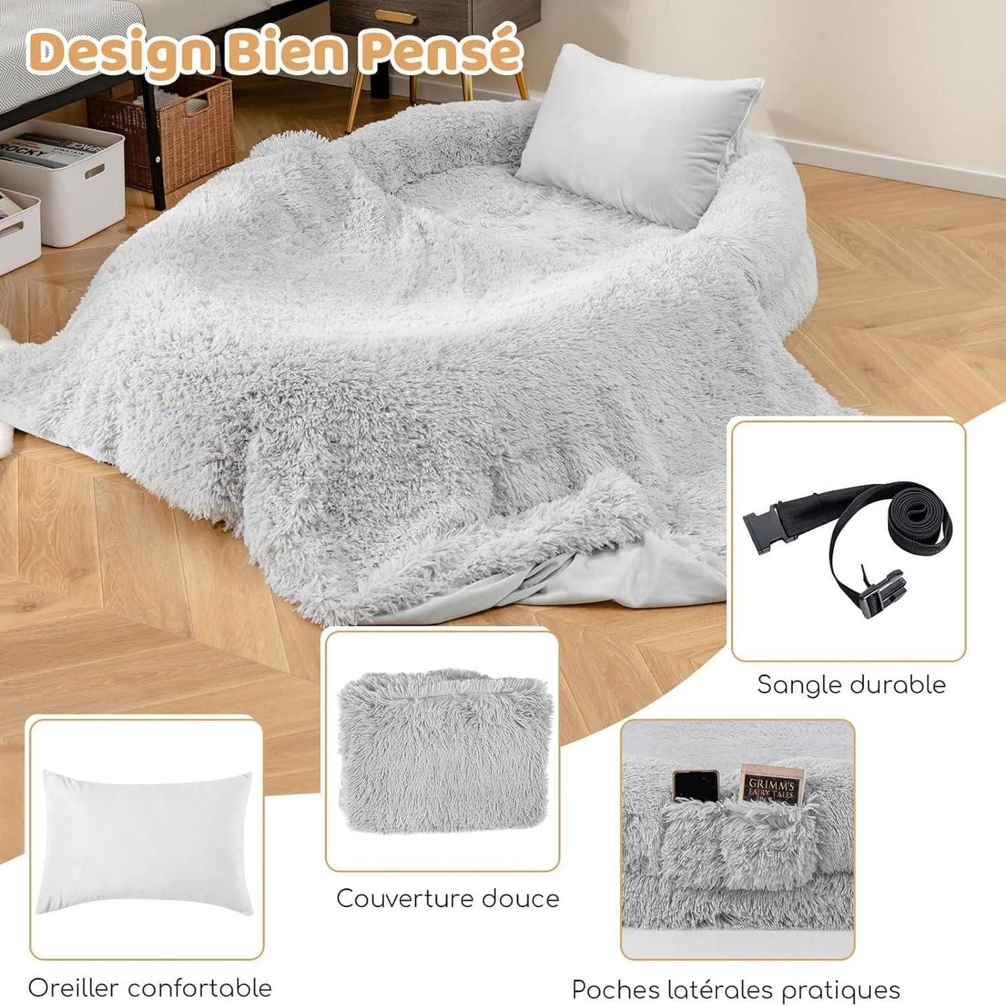 Grand panier pour chien XXL – Lit géant avec plaid & coussin gonflable Gris One PETS-TOP