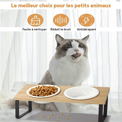 Bol surélevé incliné 15 pour chat et chien - support bambou, bol céramique