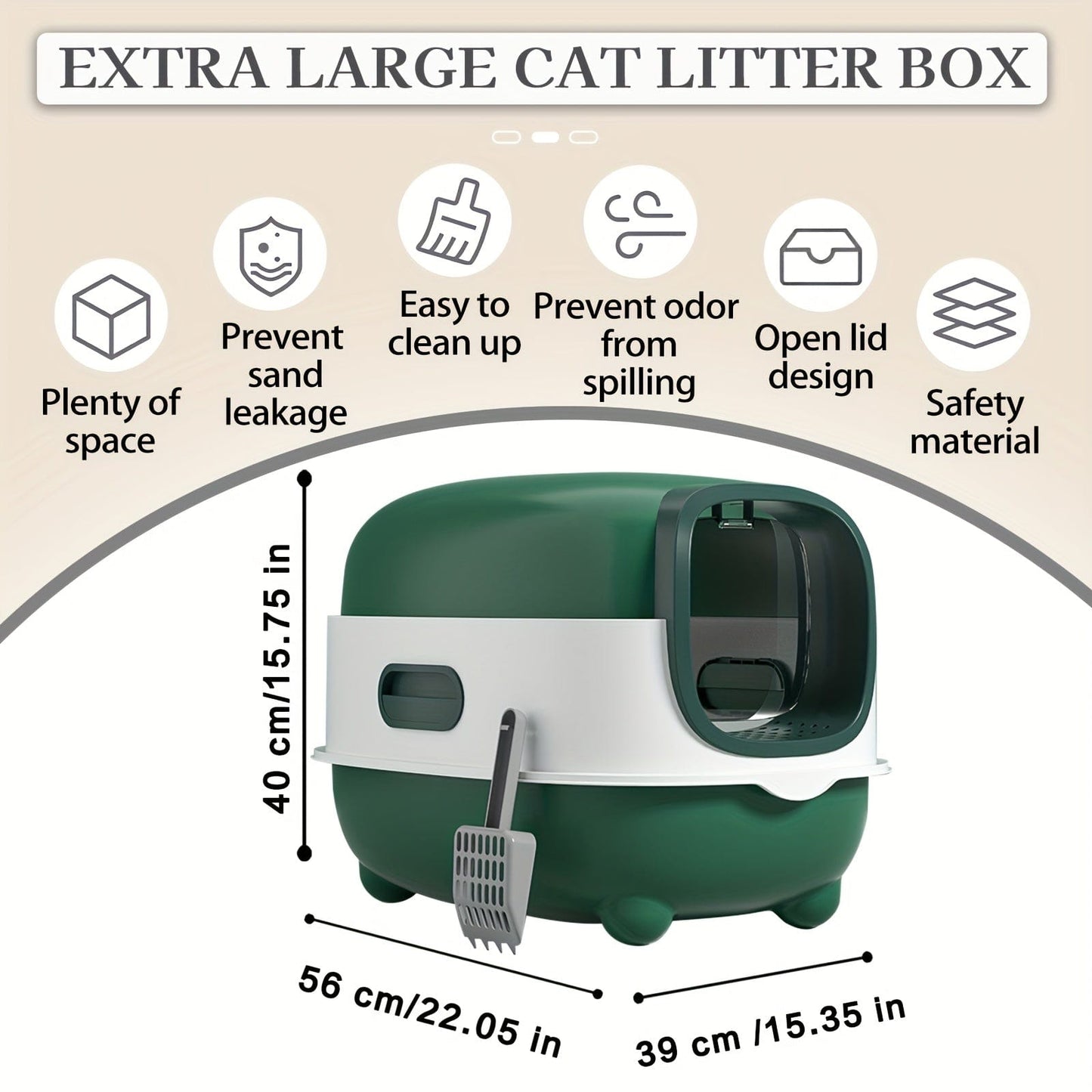 Litière XXL fermée pour chat – Couvercle amovible & design anti-odeurs Vert One PETS-TOP