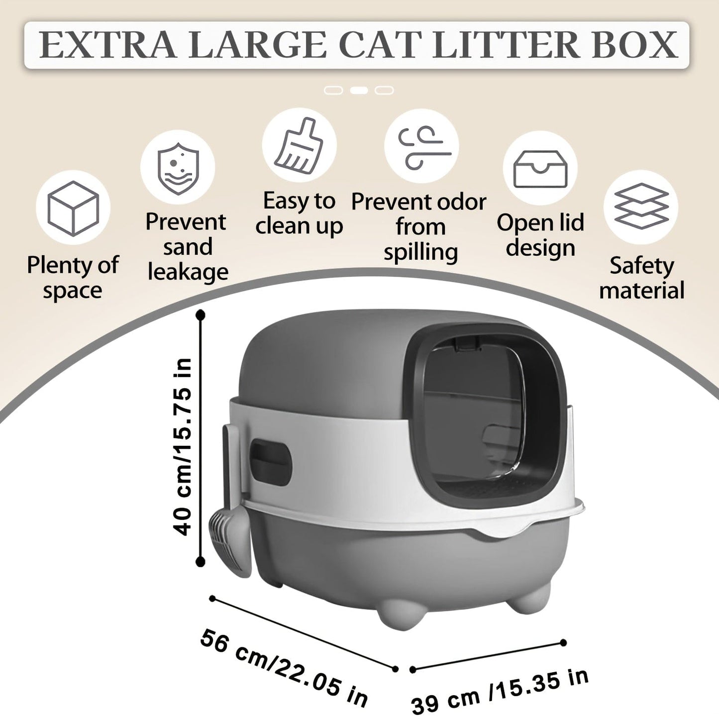 Litière XXL fermée pour chat – Couvercle amovible & design anti-odeurs Gris One PETS-TOP