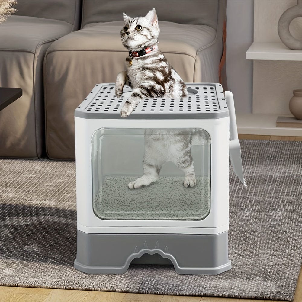 Litière XXL pliable pour chat – Tiroir amovible & design anti-éclaboussures 37*50*38CM / Gris One PETS-TOP