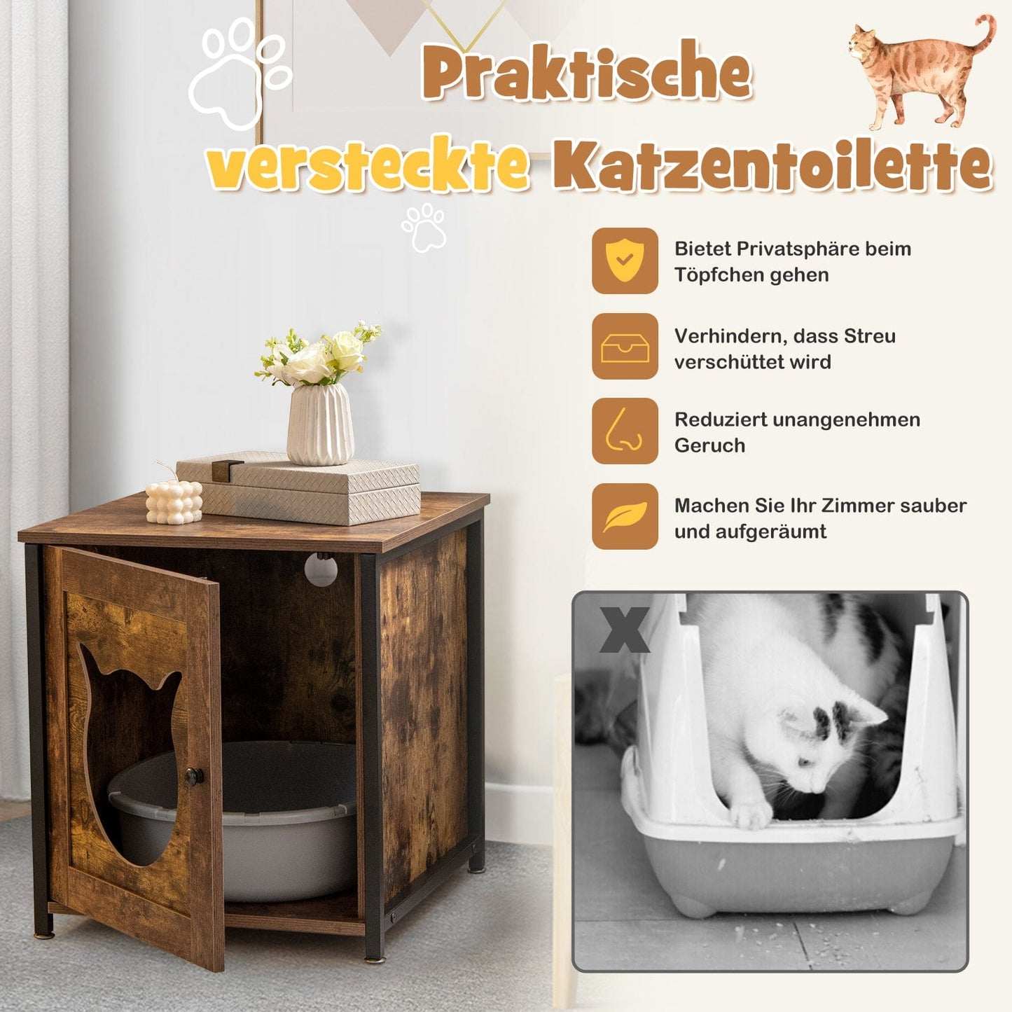 Meuble cache-litière design métal – Niche respirante & facile à nettoyer Marron One PETS-TOP