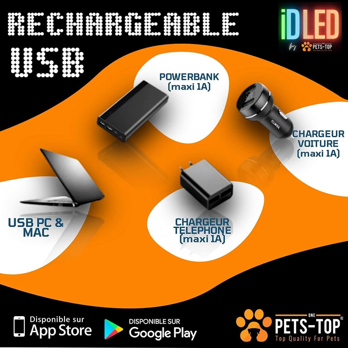 Collier Led Chien Idled™ Rechargeable Lumineux Message Personnalise Ajustable Clignotant - One PETS-TOP