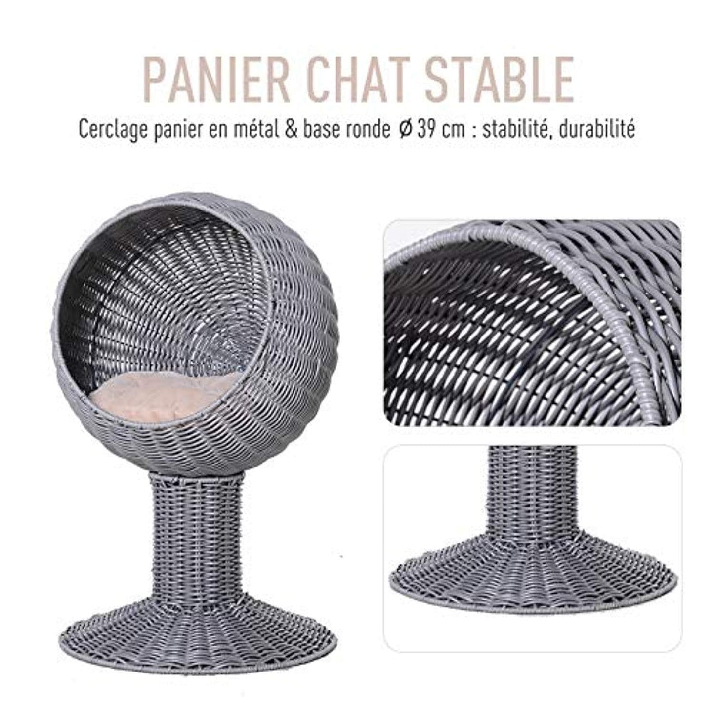 Panier Chat Lit Chat Cosy Grand Confort 39L X 39L X 70H Cm Coussin Moelleux Beige Inclus Résine Tressée Imitation Rotin Gris - One PETS-TOP