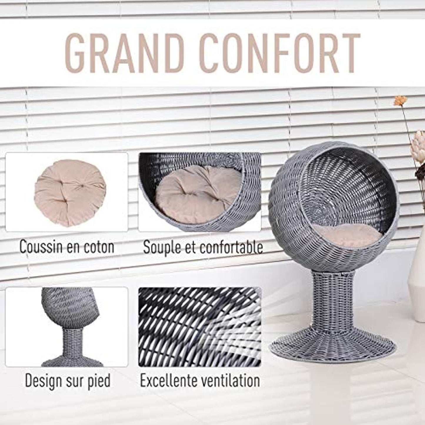 Panier Chat Lit Chat Cosy Grand Confort 39L X 39L X 70H Cm Coussin Moelleux Beige Inclus Résine Tressée Imitation Rotin Gris - One PETS-TOP