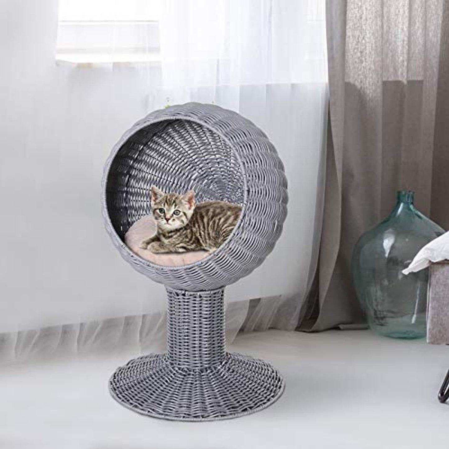 Panier Chat Lit Chat Cosy Grand Confort 39L X 39L X 70H Cm Coussin Moelleux Beige Inclus Résine Tressée Imitation Rotin Gris - One PETS-TOP