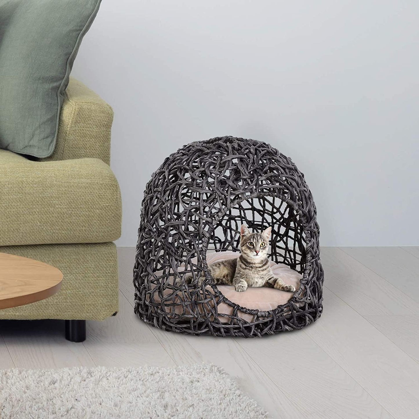 Panier Chat Lit Chat Cosy Grand Confort Dim. Ø 52 X 58H Cm Coussin Moelleux Beige Inclus Résine Tressée Imitation Rotin Gris - One PETS-TOP