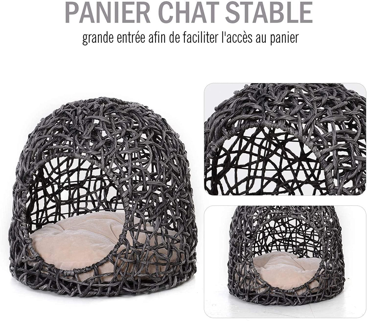 Panier Chat Lit Chat Cosy Grand Confort Dim. Ø 52 X 58H Cm Coussin Moelleux Beige Inclus Résine Tressée Imitation Rotin Gris - One PETS-TOP