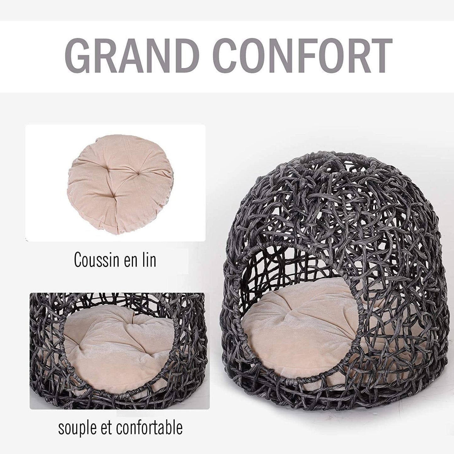 Panier Chat Lit Chat Cosy Grand Confort Dim. Ø 52 X 58H Cm Coussin Moelleux Beige Inclus Résine Tressée Imitation Rotin Gris - One PETS-TOP