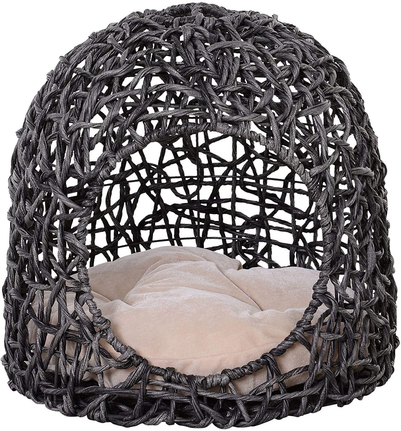 Panier Chat Lit Chat Cosy Grand Confort Dim. Ø 52 X 58H Cm Coussin Moelleux Beige Inclus Résine Tressée Imitation Rotin Gris - One PETS-TOP