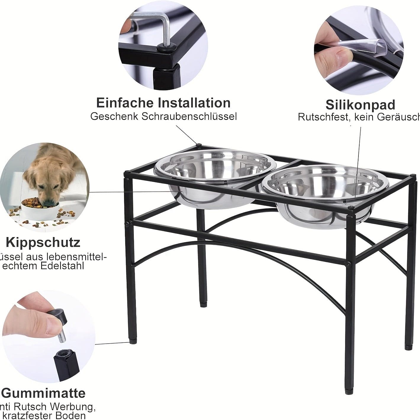 Station d’alimentation surélevée pour chien – Double gamelle inox & support métal 42*22*27CM One PETS-TOP