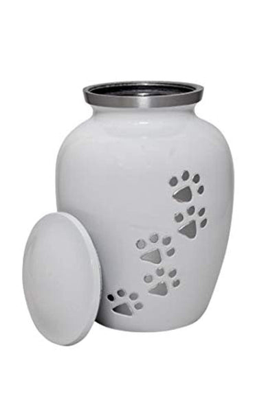 Urne Blanche Avec Empreintes De Pattes D'Argent - Monument Commémoratif Pour Crémation One PETS-TOP