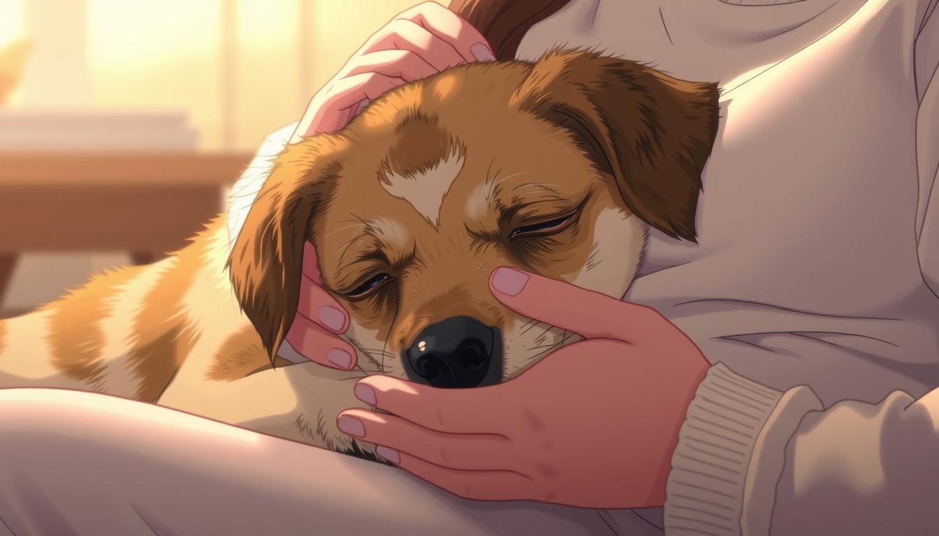 chien anxieux réconforté par son maître