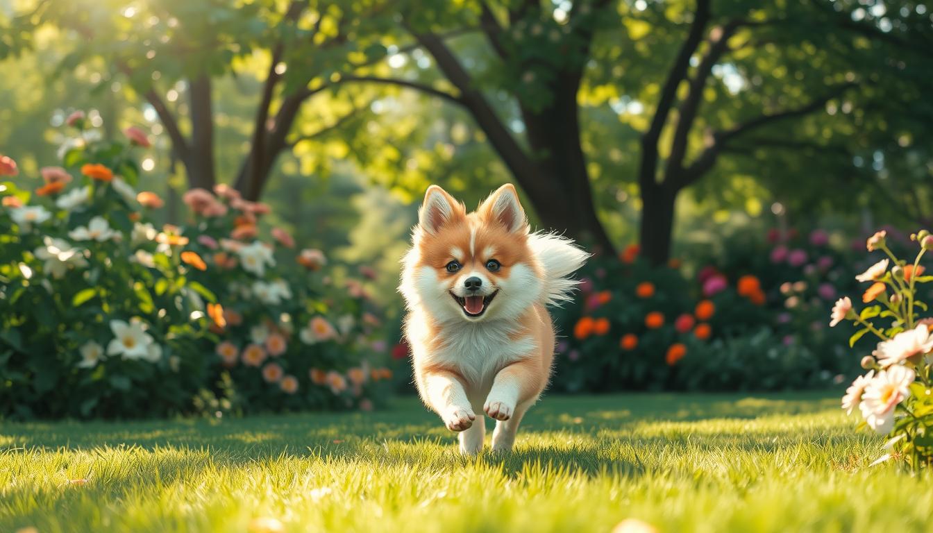 Pomsky jouant dans un jardin