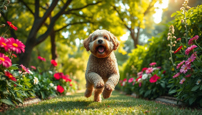 Chien d'eau romagnol jouant dans un jardin