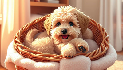 Cockapoo heureux dans son panier