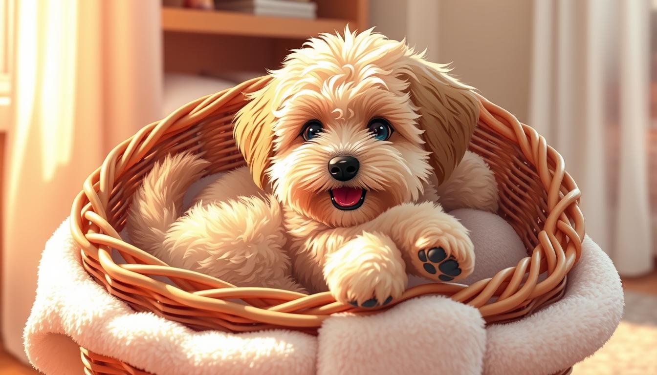 Cockapoo heureux dans son panier