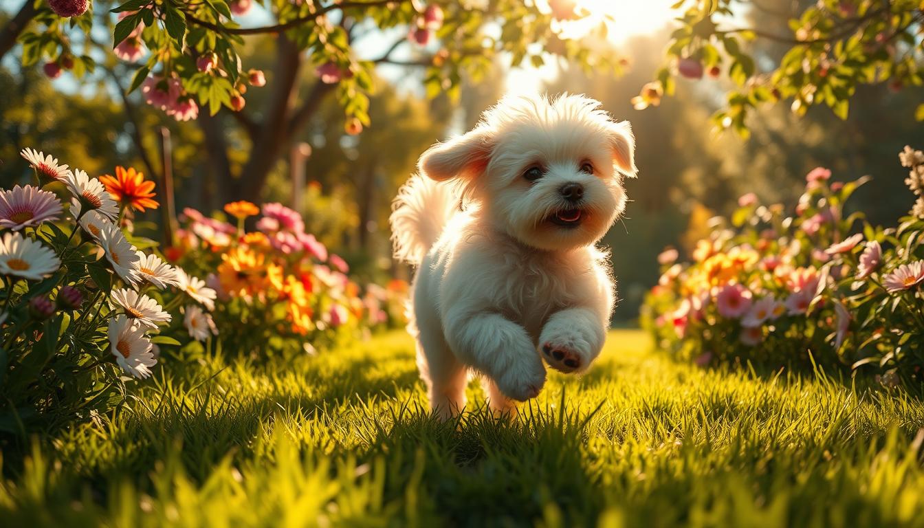 Maltipoo jouant dans un jardin