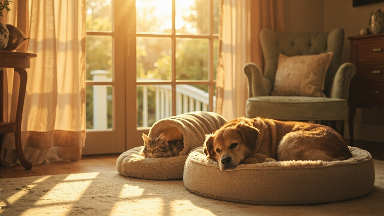 chien et chat relaxés sur couchages premium, lumière chaude, ambiance cosy