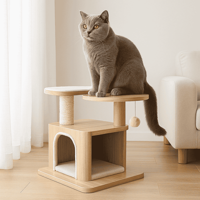 Chat British Shorthair sur un arbre à chat en bois moderne et élégant