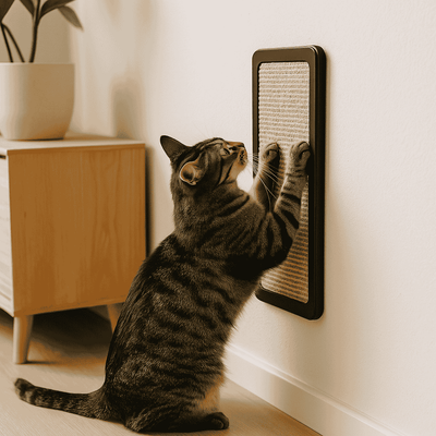 Chat utilisant un griffoir mural design fixé sur un mur blanc