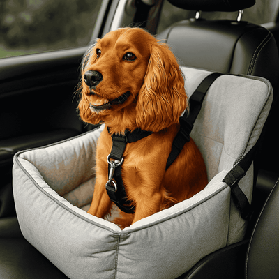Chien attaché dans un siège auto confortable avec ceinture de sécurité