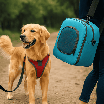 Chien heureux en promenade avec harnais et sac de transport premium
