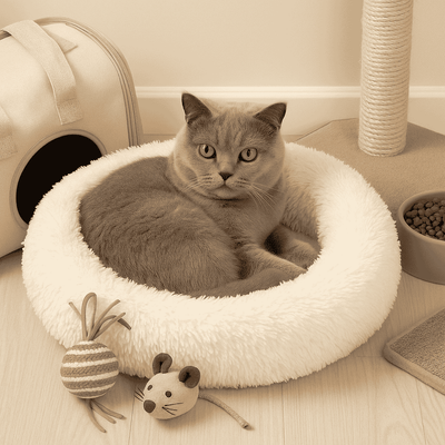 Chat couché dans un panier moelleux avec jouets et accessoires One PETS-TOP