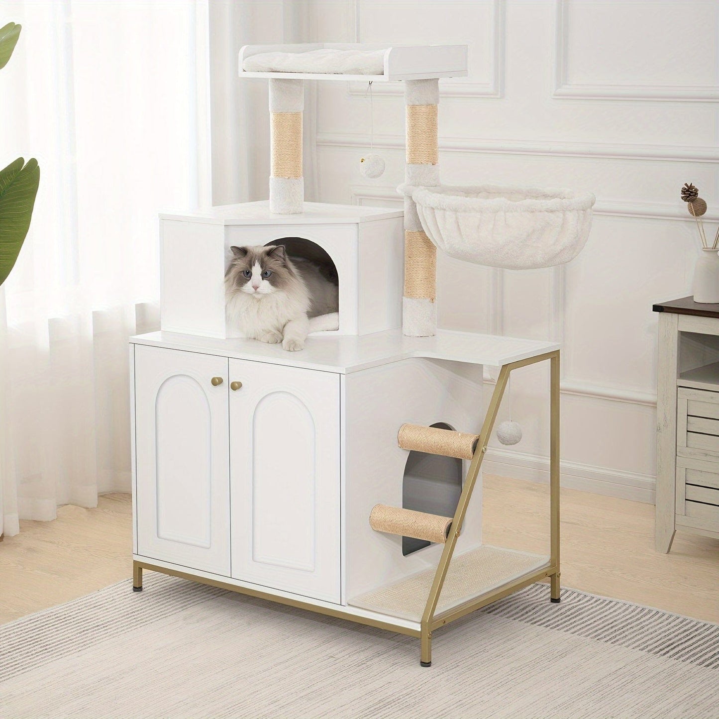 Meuble 4-en-1 chat – Cache-litière, arbre à chat & condo multi-niveaux