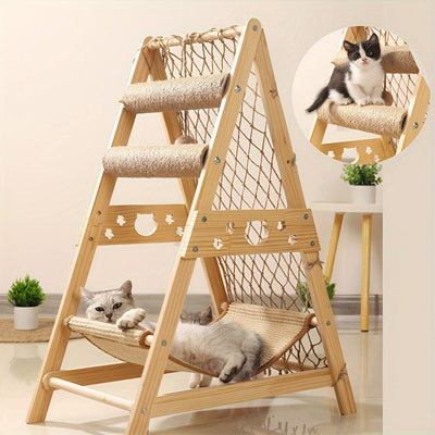 Arbre à chat multi-niveaux bois – Lit douillet & poteaux à gratter