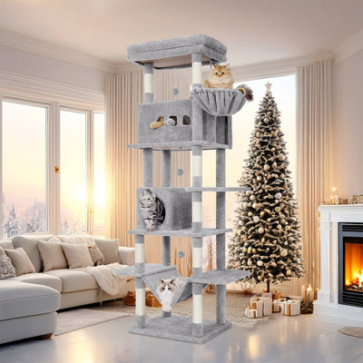 Arbre à chat XXL 210 cm – Tour multi-niveaux, 2 niches, hamac & griffoirs