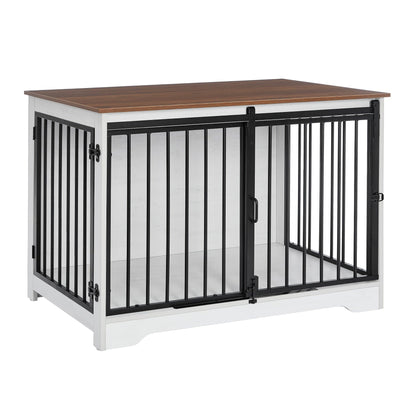 Meuble cage pour chien design – Niche intérieure bois blanc & brun 100 cm