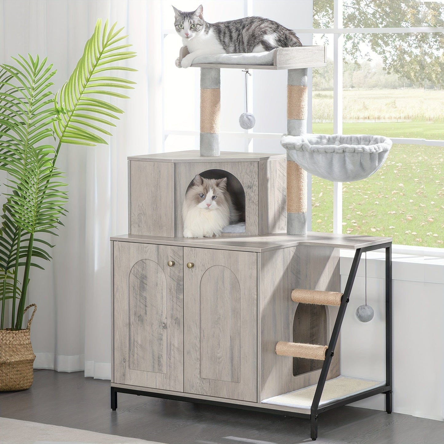 Meuble 4-en-1 chat – Cache-litière, arbre à chat & condo multi-niveaux