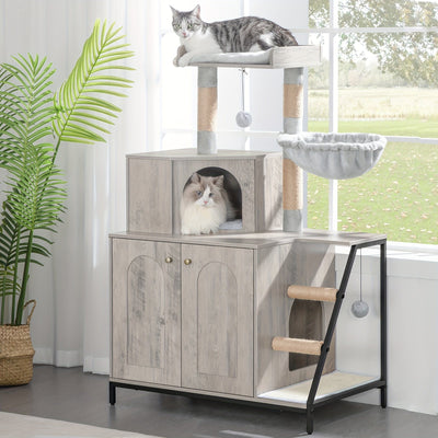 Meuble 4-en-1 chat – Cache-litière, arbre à chat & condo multi-niveaux