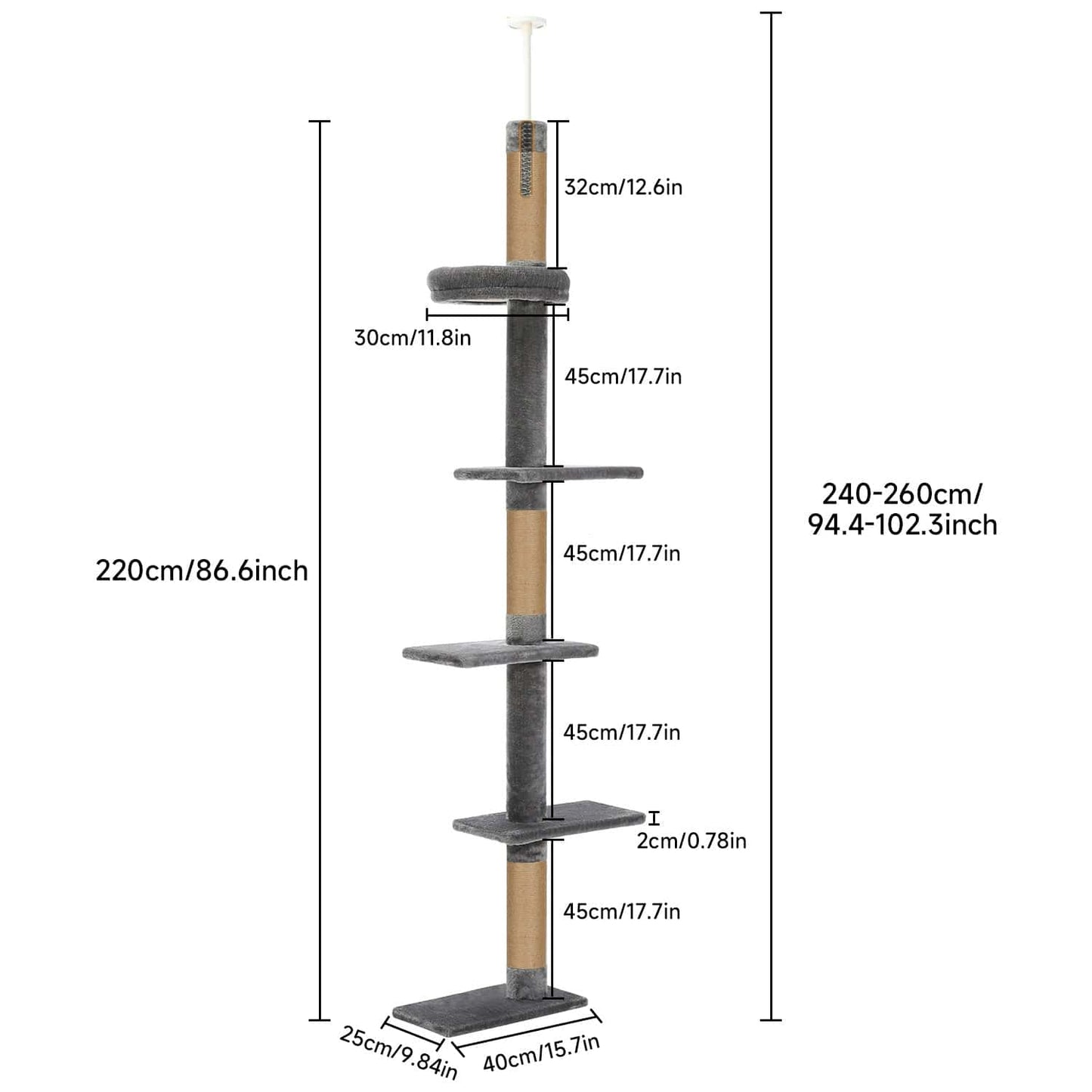 Arbre à chat 5 niveaux réglable – Tour XXL du sol au plafond 260 cm