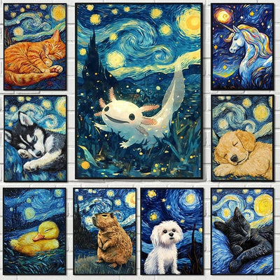 Affiche animaux mignons nuit étoilée – Art mural abstrait déco salon PawLuxe™