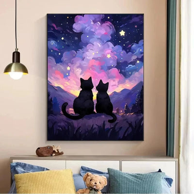 Peinture artistique ciel et chat noir – Décoration maison salon bar PawLuxe™