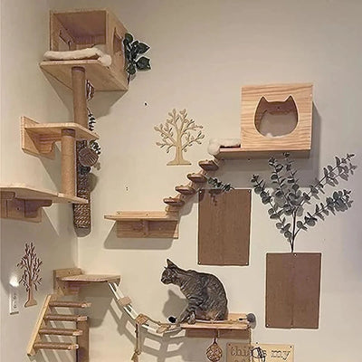 Hamac mural d'escalade pour chat, poteau à gratter pour meubles en bois, marches d'échelle, chats dormant et jouant