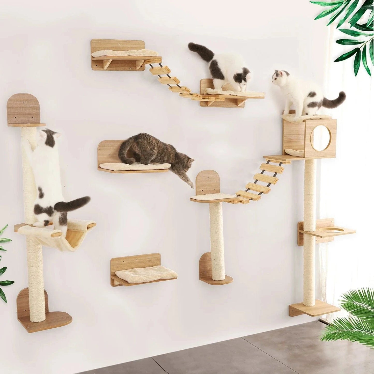 Arbre à chat mural – Étageres bois, griffoirs, hamac et perchoirs solides