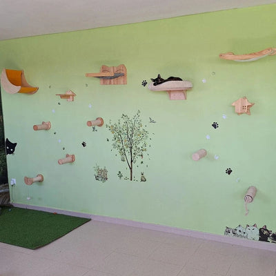 Hamac mural d'escalade pour chat, poteau à gratter pour meubles en bois, marches d'échelle, chats dormant et jouant