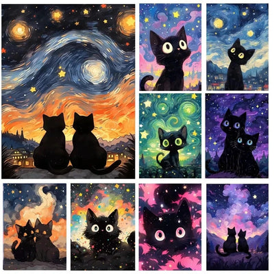 Peinture artistique ciel et chat noir – Décoration maison salon bar PawLuxe™