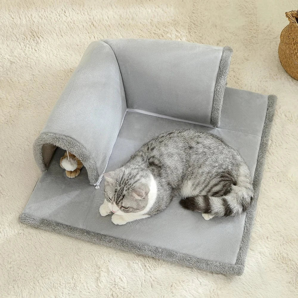 Lit pour chat avec tunnel – Couchage confortable & aire de jeu intégrée