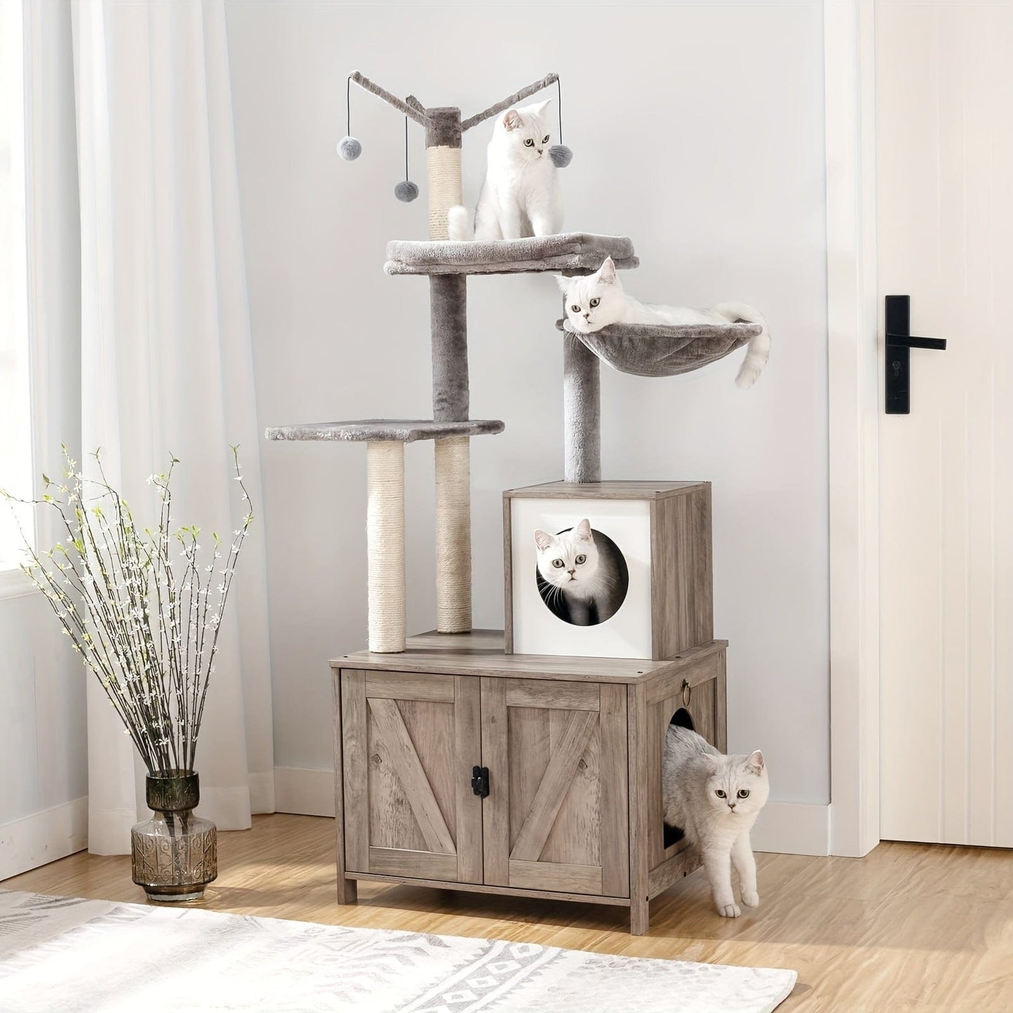 Arbre à chat 2 - en - 1 150 cm – Poteaux griffoirs & meuble cache - litière - One PETS - TOP